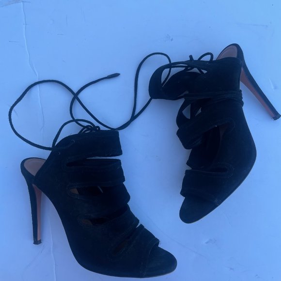 Aquazzura Firenze Slone Peep Toe Bootie Black Suede Sz 35 Slit-Front Lace - Picture 4 of 11